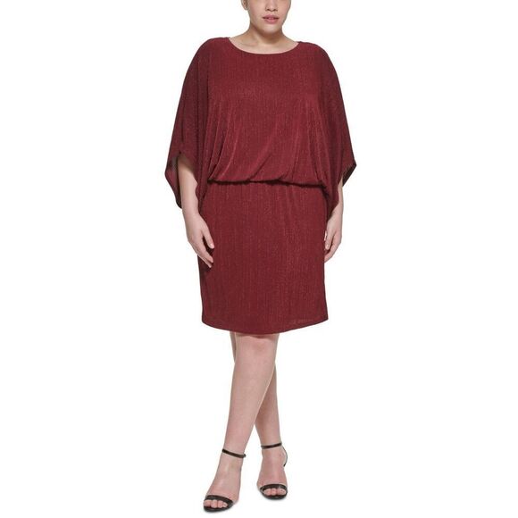 JESSICA HOWARD Womens Burgundy Stretch Metallic 3/4 Sleeve Round Neck Knee Lengt - Picture 1 of 3